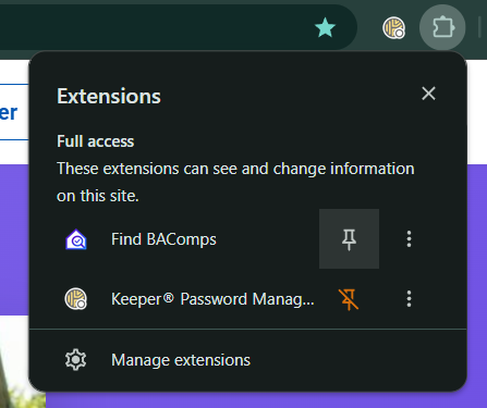 Chrome Extensions menu with Find BAComps and the pin button highlighted